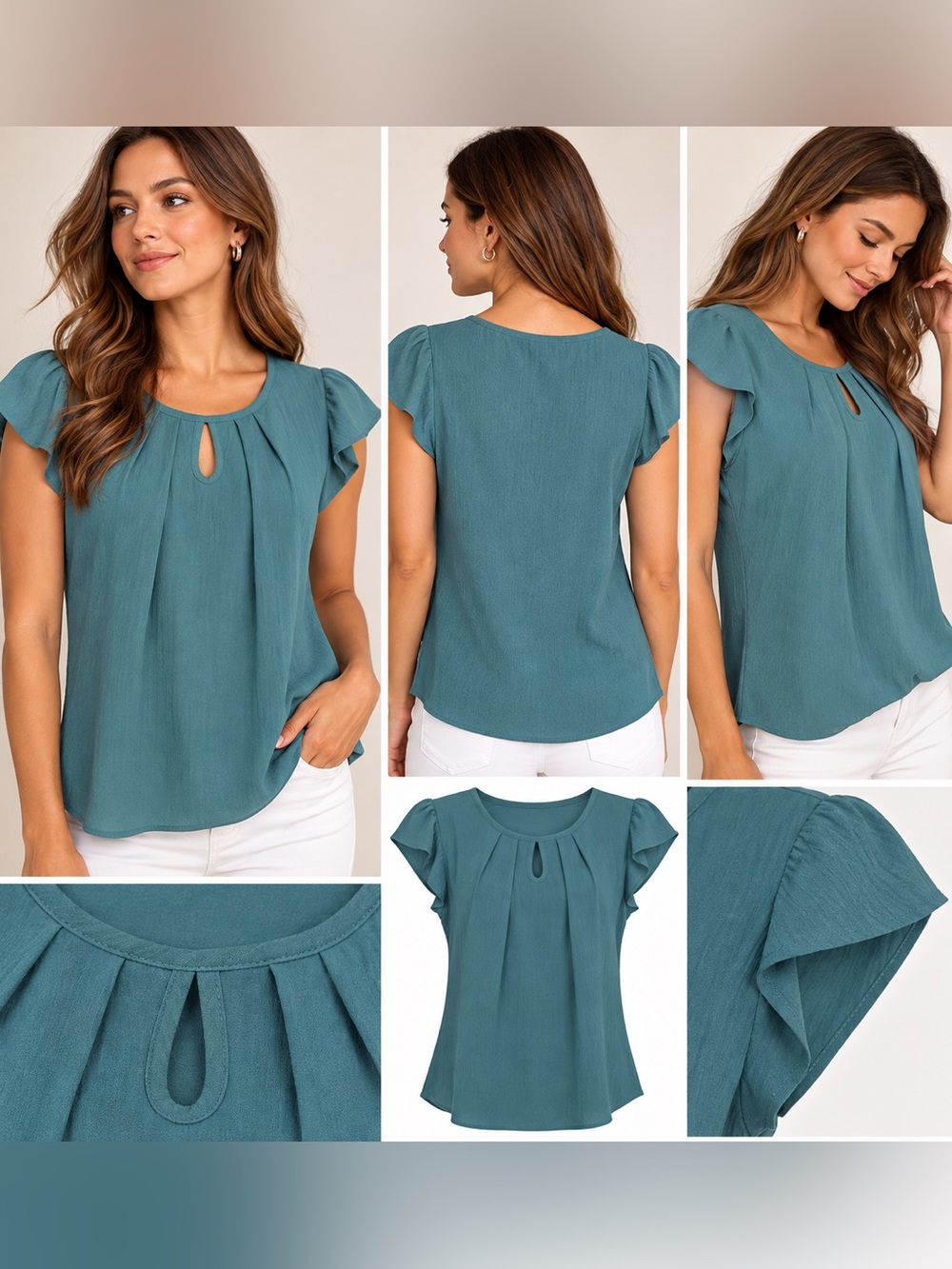 Blooming Jelly Teal Keyhole Pleated Flutter Sleeve Blouse Top Size S NWT